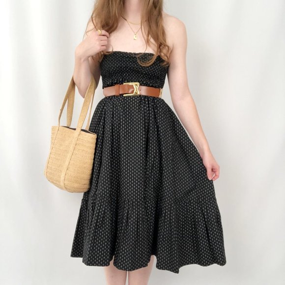 Vintage Strapless Tiered Ruffle Smocked Ruched Printed Midi Summer Dress Pockets